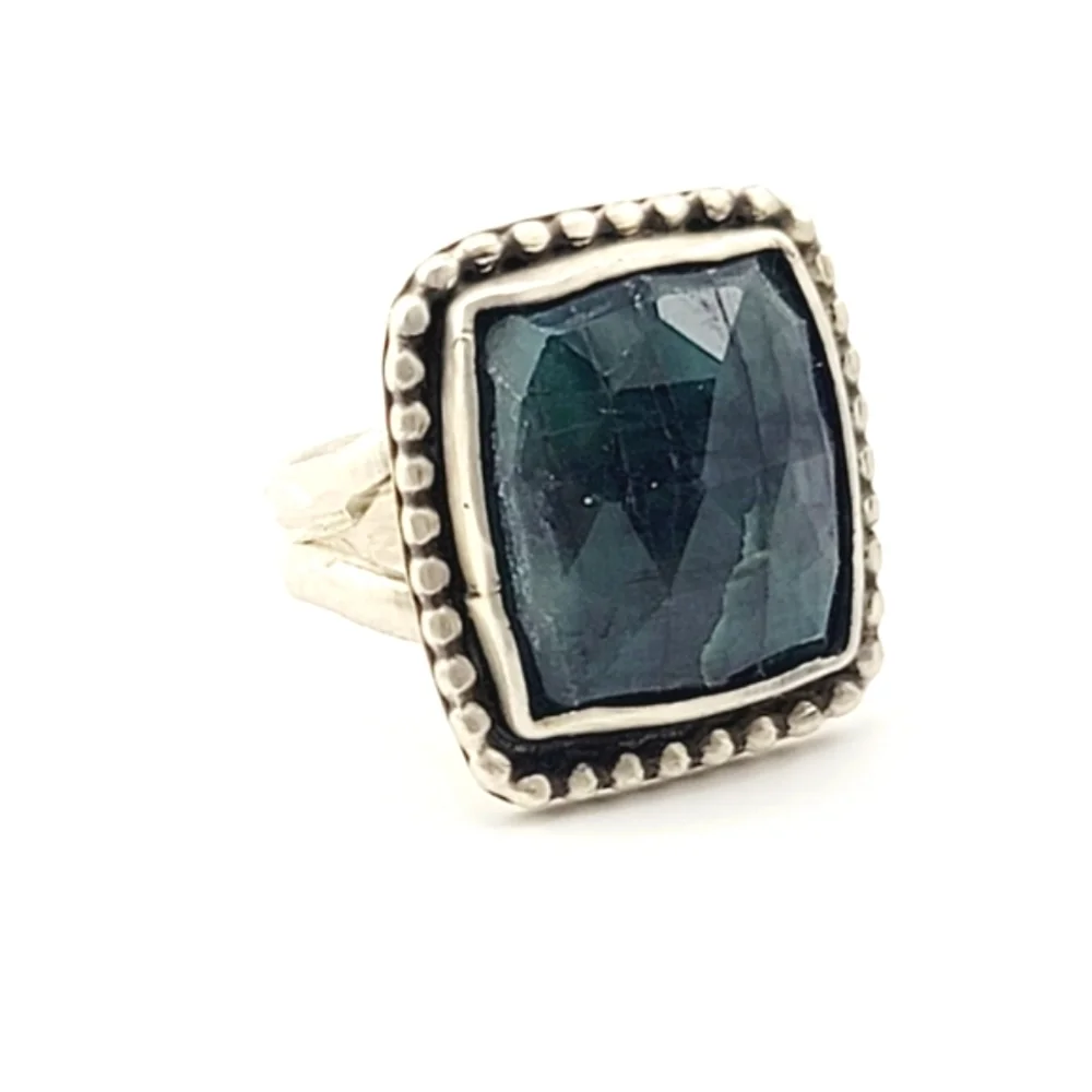 EMERALD SQUARE RING HANDMADE IN STERLING SILVER METAL SIZE 7.5